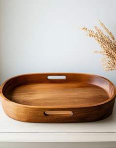 Plateau de service rond en bois moderne et durable fait à la main avec poignée en fer, compatible lave-vaisselle, pour cuisine, table à manger, plateau décoratif pour ottoman - Product Image 6