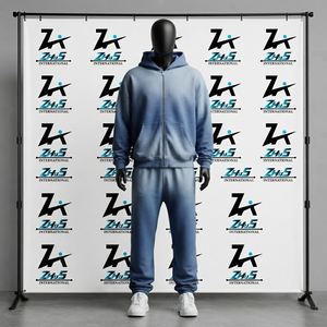Blue Hooded Tracksuit Full Zip Sweatshirt Matching Joggers Casual Autumn Wear 100% Cotton Solid Design Men's Sweatsuit Unisex - Product Image 1