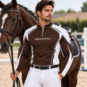 Camisa de Competición Ecuestre Personalizada para Hombre en Color Marrón |   Camisa de equitación premium de poliéster de 220 GSM con manga larga y cremallera de un cuarto - Product Image 1