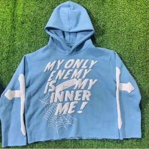 Sweat-shirt à capuche en molleton bleu clair pour homme, coupe courte, avec poche, imprimé lettres, style streetwear, 100 % coton, coupe oversize pour l'automne - Product Image 1