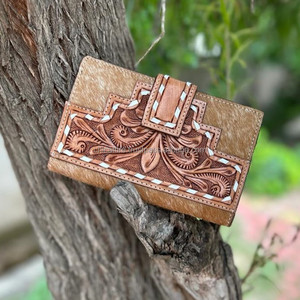 Cartera de cuero con pelo en piel oculta, cartera tallada a mano occidental, tarjetas de cuero talladas con herramientas Vintage, regalos de billetera en efectivo - Product Image 2
