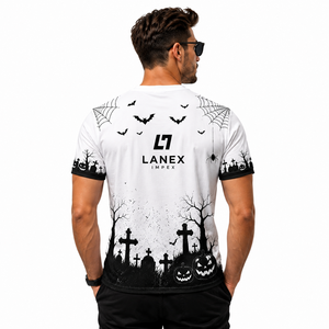 T-shirt personnalisé d'Halloween en gros pour homme, noir et blanc, avec motif citrouille imprimé, manches courtes, décontracté, style streetwear, pour fête - Product Image 4
