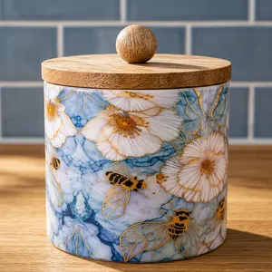 Recipiente Metálico Decorativo con Tapa de Madera, Diseño Floral Azul con Abejas y Detalles Dorados, Tarro de Cocina Premium para Frutos Secos - Product Image 4