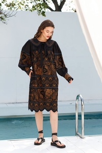 Collared Embroidered <b>Linen</b> <b>Dress</b> Black Wedding Long <b>Dress</b> for Women's and Girls - Product Image 3