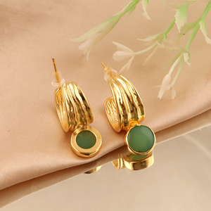18K Gold Plated Bezel Set Fancy <b>Drop</b> Earrings with Prehnite Chalcedony Stone Women's Classic Style Jewelry for Party Occasions - Product Image 3