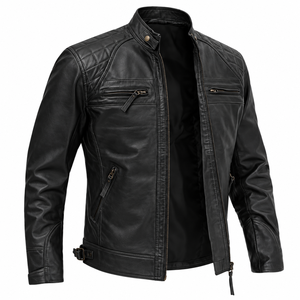 Chaqueta de Motociclista para Hombre 2026, Negra, de Cuero Vacuno Genuino, Transpirable, Corte Ajustado, Cuello Alto, Cierre de Cremallera, Estilo Biker, para Invierno - Product Image 1
