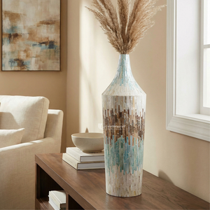 Vase décoratif en nacre, vase sur pied haut avec incrustation de coquillages, porte-fleurs mosaïque multicolore irisé pour salon - Product Image 5