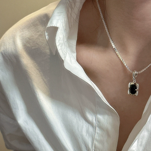 S925 sterling silver Korean minority design black agate simple square pendant Korean fashion <b>ring</b> collar chain - Product Image 2