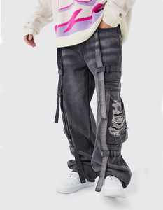 Nouveau Jean Cargo en Denim Violet Ample avec Détail de Sangle Rigide, Effet Usé, Style Streetwear, Coupe Large, Personnalisé - Product Image 1