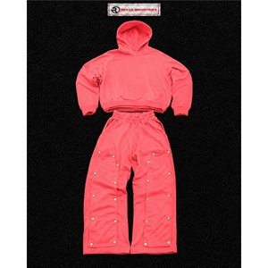 Conjunto de Sudadera con Capucha Oversize Rosa Coral para Hombre, Estilo Urbano Personalizado, Sudadera Tipo Pullover y Pantalones de Pierna Ancha con Botones a Presión, Venta al por Mayor - Product Image 5
