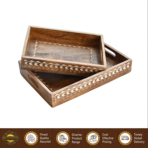 Elegant Design Superior Quality Wholesale Rectangular Shape <b>Hand</b> Carved Mango Wood Food Serving Trays <b>Set</b> of 2 with Handles - Product Image 5
