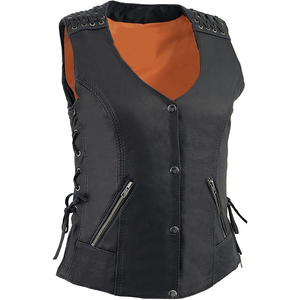 Gilet de moto Samroz Sports pour femme en cuir noir léger avec fermeture éclair inférieure extensible et lacets - Product Image 1