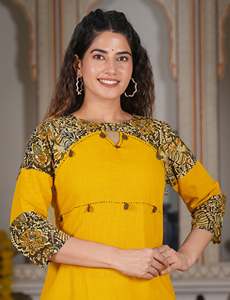 Womens Mustard Cotton Blend Kalamkari Printed A Line Kurta Kantha Work Keyhole Neck <b>Three</b> Fourth Sleeves Designed Global Wear - Product Image 2