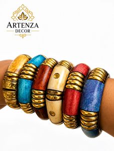 Handmade Multi Color Brass Ring <b>Set</b> Gold Plated Wooden <b>Bead</b> Bohemian Design for Women Party Wedding - Product Image 1