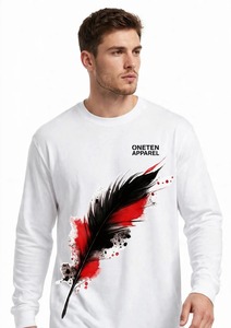 Oneten Apparel Camiseta blanca de manga larga para hombre con cuello redondo y estampado de plumas en negro y rojo - Product Image 1