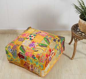 Vintage Bohemian Patchwork Cotton Floor <b>Pouf</b> Square Cushion Cover Handcrafted Embroidered Seat for Living Room - Product Image 3