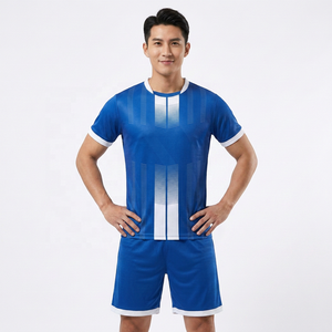 Ensemble de maillot de football rayé bleu et blanc pour homme, manches courtes, col en V, polyester respirant, coupe régulière, nom d'équipe personnalisé, élastique - Product Image 1
