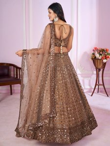 Lehenga Choli clásico marrón bordado con red, largo hasta el suelo, con Dupatta y lentejuelas, estilo A-Line, para bodas y fiestas, para mujer - Product Image 4