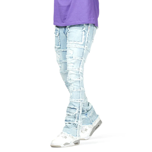 Pantalon en jean de coton pour homme de haute qualité, style streetwear, coupe droite, effet usé, déchiré, effet empilé, vente en gros - Product Image 1