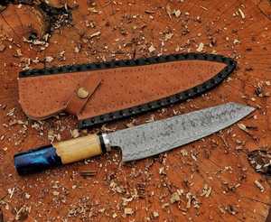 Cuchillo de chef de acero de Damasco hecho a mano de 13 pulgadas con mango de resina y madera y bolster de acero - Product Image 2