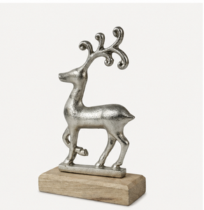 Handcrafted Silver Elegance Reindeer Sculpture Premium Aluminum <b>Christmas</b> Figurine With Natural Wooden Base For Modern Festive - Product Image 1