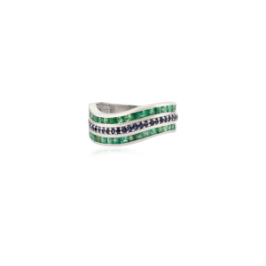 Wholesale 925 <b>Silver</b> Princess Cut <b>Emerald</b> & Round Blue Sapphire Combined Gemstone Wave Multi Layer Band <b>Ring</b> for Women - Product Image 1