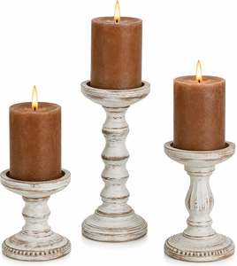Juego de 3 Portavelas de Madera Rústicos Estilo Granja, Soportes para Velas de Pilar Blancos Desgastados, Centro de Mesa, Decoración del Hogar - Product Image 1