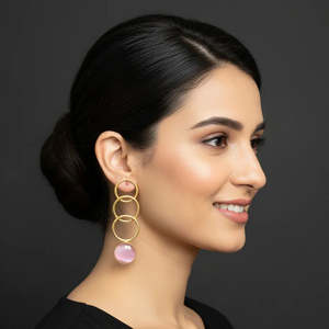 Pastel Pink Geometric Hoop Drop Earrings with Pearl and Gold Plating - Product Image 1