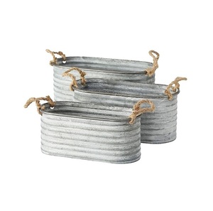 Rustic Galvanized Metal Planters Set Of 3 Oval <b>Container</b> For Garden Flower Green Plant Decorative Outdoor Use - Product Image 6