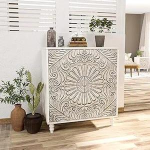 Hand-Carved Mandala Floral Wooden Accent Cabinet - Product Image 3