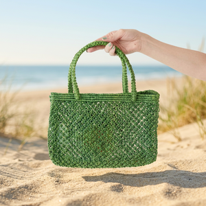Bolso Tote de Yute Verde Hecho a Mano, Bolso de Hombro Bohemio con Patrón Geométrico Tejido, Bolso de Compras Ligero y Reutilizable - Product Image 2