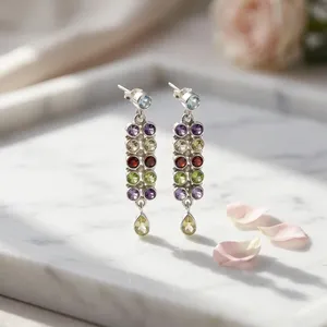 Boucles d'oreilles pendantes multicolores en argent sterling 925, bijoux indiens faits à la main, pierres de naissance colorées pour femmes - Product Image 3