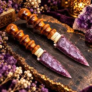Ornement décoratif en forme de poignard en verre violet avec manche en bois fait main, objet de collection gothique fantastique, 8/10 pouces - Product Image 6