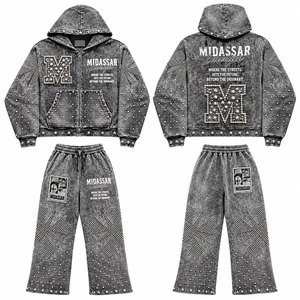 Ensemble de survêtement décontracté d'hiver 100% coton avec fermeture éclair, motif géométrique, strass, 450 GSM - Product Image 1