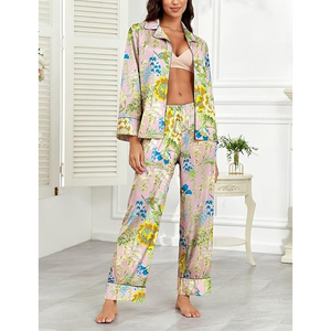 Conjunto de Pijama de Satén con Estampado Floral para Mujer, Manga Larga, Cierre de Botones, Ropa de Dormir Elegante para Primavera, 100% Seda - Product Image 4