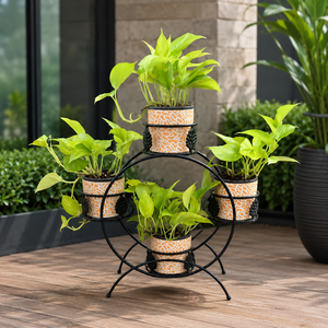 Support de plantes rond en métal noir à quatre pots, support de pot de fleurs décoratif pour l'intérieur et l'extérieur, support de présentation pour jardin, balcon, terrasse - Product Image 2
