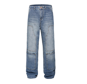 Pantalones Vaqueros Cargo de Cintura Alta para Hombre, Corte Holgado, Lavado a la Piedra, Algodón de Peso Medio, Estilo Casual Otoñal, Color Azul - Product Image 1