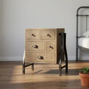 Industrial Modern Wooden Storage <b>Cabinet</b> 5 Drawers <b>Metal</b> Legs Side Table for Living Room - Product Image 3