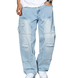 Mens <b>Light</b> Blue Carpenter Jeans Loose Fit Straight Leg Distressed Denim Pants Casual Workwear Streetwear Style Washed 100% - Product Image 1
