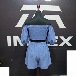 Women's Blue <b>Off</b> <b>Shoulder</b> 2 Piece Shorts Set Oxford Cotton Casual Spring Summer Regular Fit Solid Color <b>Ruffles</b> <b>Top</b> With Shorts - Product Image 3