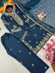 Traje Anarkali de crepé azul marino con bordado dorado para mujer, con dupatta y pantalón, de secado rápido, estilo étnico indio-pakistaní para fiestas. - Product Image 2
