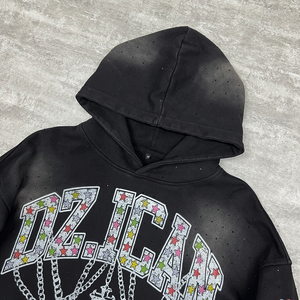 Sweat à capuche en molleton 100% coton délavé à l'acide, style streetwear vieilli, pour hommes, avec strass et designs personnalisés - Product Image 3