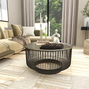 Table basse ronde moderne en métal avec plateau en verre, décoration contemporaine pour salon, meuble d'appoint intérieur pour la maison - Product Image 5