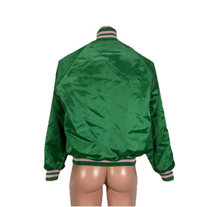 Green Satin <b>Varsity</b> <b>Jacket</b> <b>Men</b> Letterman <b>Bomber</b> Stand Collar Button Front Custom Logo Eco-Friendly Spring Outerwear - Product Image 2