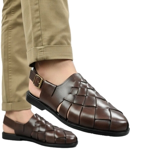 Men's Genuine Leather <b>Flat</b> <b>Sandals</b> Open Toe Buckle Strap Geometric Pattern Casual Summer Style Rubber Outsole EVA Midsole - Product Image 1