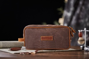 Double Zipper Leather Canvas Toiletry Bag Custom Logo Waterproof Travel Shaving Dopp Kit Cosmetic Organizer <b>Case</b> LCTB-0044E - Product Image 6