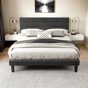 Luxurious Dark Gray Tufted Platform <b>Bed</b> Frame <b>Queen</b> <b>Size</b> with Linen Like Upholstery Soft Horizontal Stripe Headboard - Product Image 1