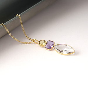 Wholesale 18k gold plated citrine amethyst crystal quartz briolette pendant checker cut stone necklace brass <b>cable</b> chain jewelry - Product Image 2