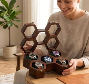 Organizador de Relojes y Joyas de Madera para Hombre, Estuche de Lujo con 5 Ranuras para Relojes, Madera de Palisandro Oscuro y Cristal - Product Image 4