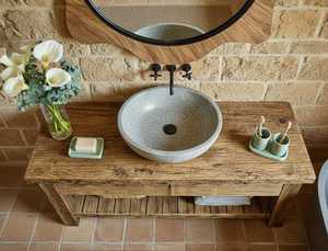 Meuble-lavabo en bois massif finition naturelle avec tiroir et étagère de rangement pour villa et appartement - Product Image 3